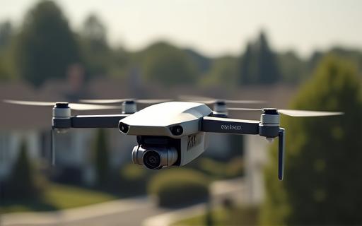 A delivery drone in flight over a suburban area.
