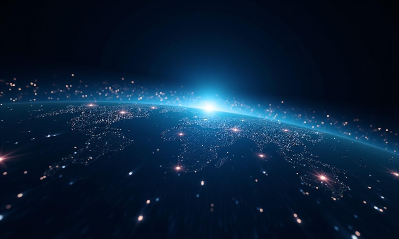 Digital visualization of a futuristic global airspace with interconnected flight paths