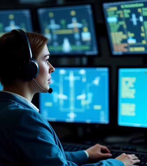 An air traffic controller diligently monitoring multiple screens.