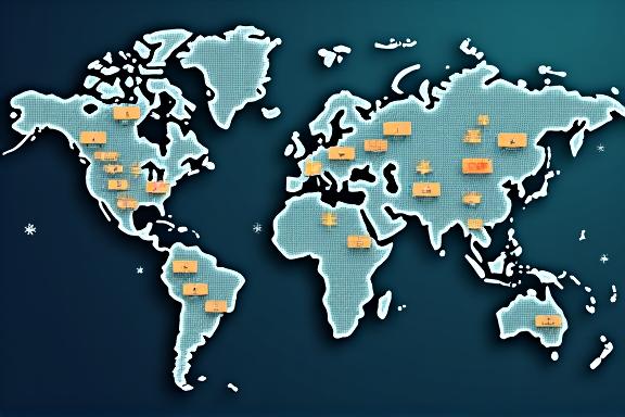 Graphic showing a global logistics network connecting planes, trucks, and warehouses.