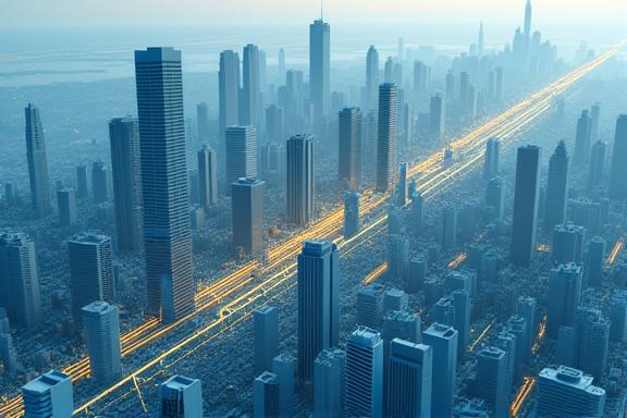 3D map showing optimized drone delivery paths through a city skyline.